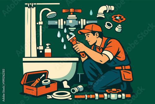 Plumber fixing a dripping pipe in a bathroom, working on urgent plumbing repair and home maintenance services
