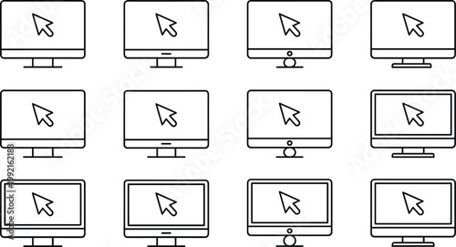 Computer monitor icons set desktop screen cursor display technology outline vector isolated design elements collection