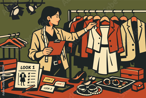 Fashion stylist preparing wardrobe looks for a photoshoot or event, organizing clothing and accessories