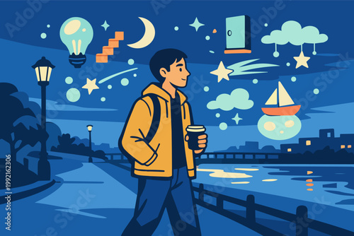 Young man walking along river at night, dreaming of new ideas and creative possibilities, exploring imagination