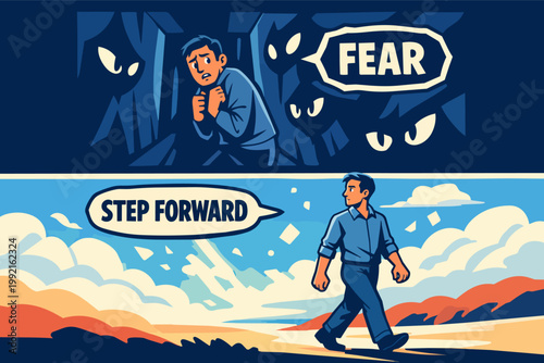 Man facing fear and anxiety, then making a brave step forward, symbolizing courage, personal growth, and self-improvement concept
