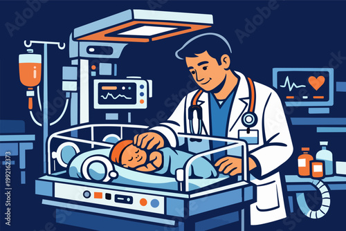 Doctor checking on a sleeping newborn baby in an incubator, providing intensive medical care in a hospital nicu
