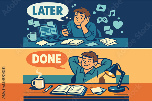 Person procrastinating work, distracted by technology, and then completing tasks feeling satisfied and productive