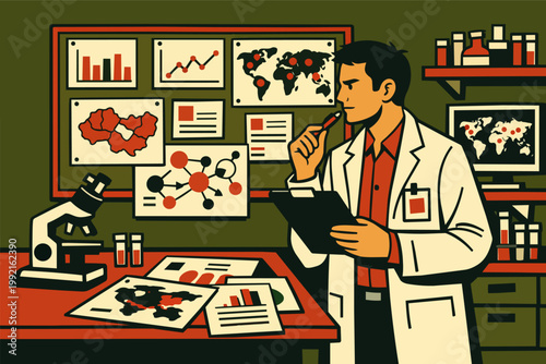 Scientist analyzing global health data in laboratory, researching disease spread and epidemiology