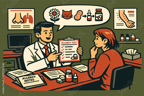 Doctor showing allergy test results to patient discussing treatment, diagnosis, and prevention of allergic reactions