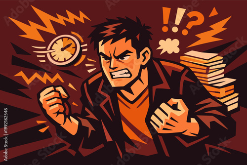 Frustrated man expressing anger, fists clenched, due to stress from work, deadlines, and a demanding schedule