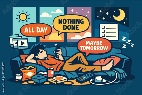 Man lying on sofa procrastinating, wasting time on phone all day, neglecting tasks, feeling unproductive