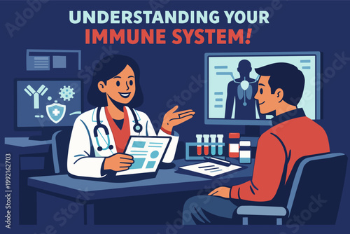 Doctor educating patient about immune system, discussing immunity and health, providing medical consultation
