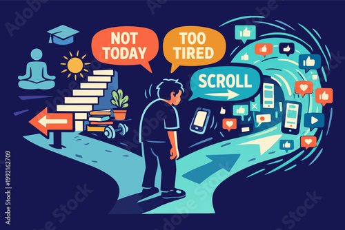 Young person hesitating, facing a choice between personal growth activities and the overwhelming allure of social media apps