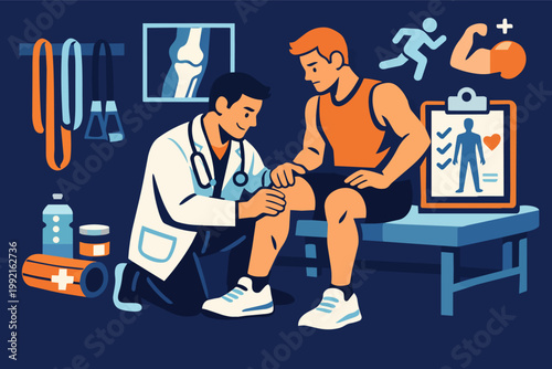 Doctor examining athlete's knee, providing physical therapy and rehabilitation for sports injury recovery