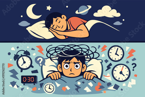 Person experiencing good deep sleep and struggling with insomnia, late night anxiety, stress, and restless awakening