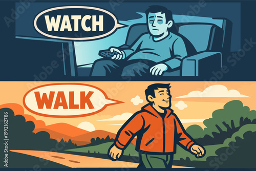 Sedentary lifestyle versus active healthy life choice, man choosing between watching tv or walking outdoors