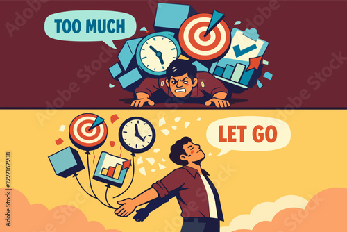 Person experiencing immense pressure from work and time, then releasing the burden to find mental calm and freedom