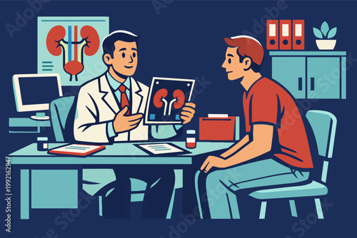 Doctor discussing kidney health with patient, showing an anatomical diagram during a urology consultation