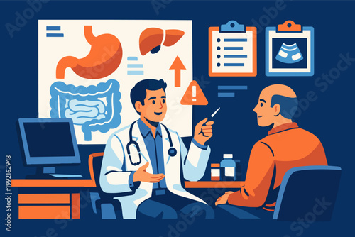 Doctor discussing digestive health with patient, explaining gastrointestinal system with diagrams