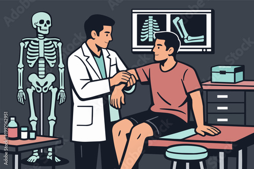 Doctor examining patient's arm checking for injury or pain in a medical clinic with x-rays and a skeleton model