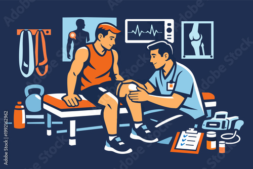 Sports doctor examining athlete knee, providing care for injury rehabilitation and physical therapy in a clinic