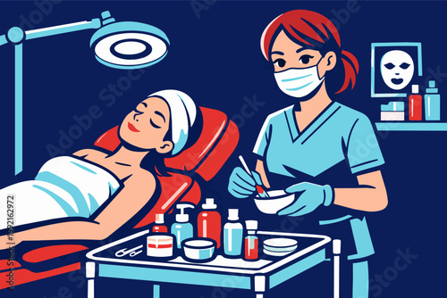 Esthetician applying facial mask treatment to a relaxing woman in a spa or beauty salon for skincare and wellness