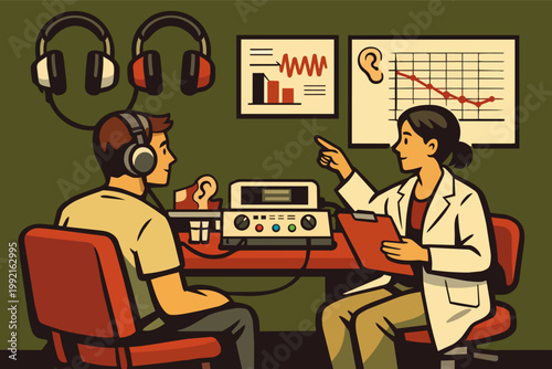 Audiologist performing hearing test on patient in clinic, checking ear health and diagnosing potential hearing loss