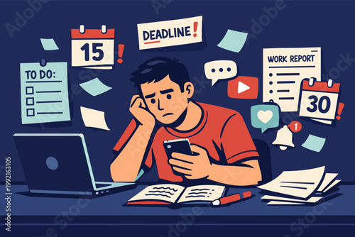 Stressed person struggling with multiple deadlines and digital distractions while procrastinating on work tasks