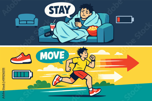 Contrasting active and sedentary lifestyles showing energy and fatigue levels, motivating people to move more