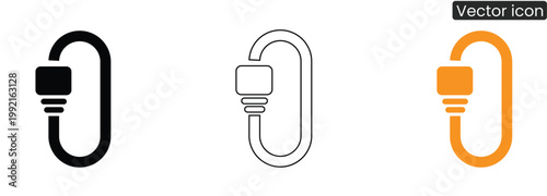 Carabiner clip icons in black, Line, And orange on white background