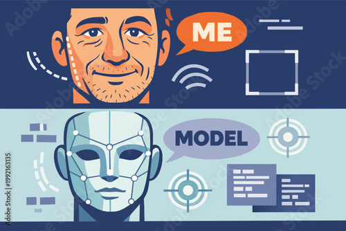 Artificial intelligence converting real human face into a digital biometric model for recognition and data processing