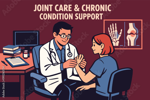 Doctor examining patient's hand for joint pain, providing musculoskeletal health and chronic condition support