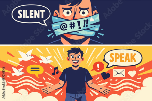 Man experiencing censorship and finding his voice, freedom of speech, speaking out, expressing thoughts