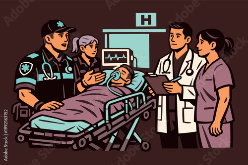 Emergency medical team admitting patient to hospital, paramedics transporting person on stretcher, doctor and nurse consulting