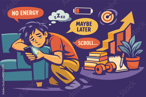 Young man procrastinating, feeling tired and lacking energy while scrolling phone, delaying tasks and goals