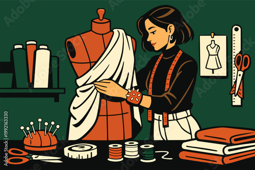 Female fashion designer draping fabric on a mannequin, creating new clothing designs in a creative atelier workshop