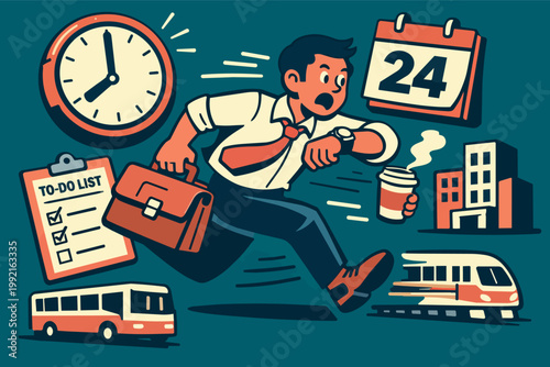 Stressed businessman rushing for work, checking wristwatch and carrying briefcase, managing time and deadlines