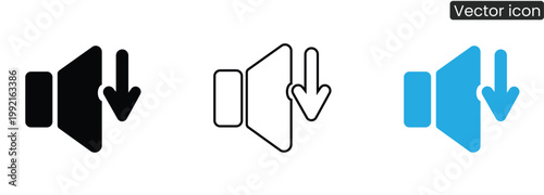 Volume down icons in black, Line, And blue styles on white background