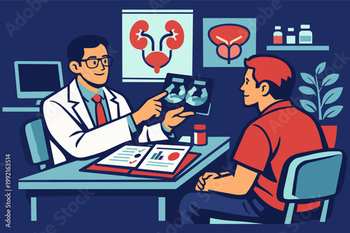 Urologist doctor explaining kidney health and urology diagnostics to a male patient, discussing medical test results during consultation