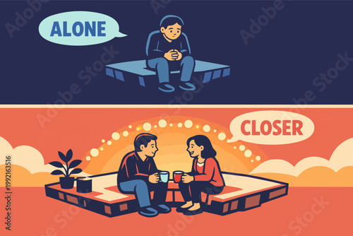 Experiencing isolation versus connection, showing a person alone and a couple building a closer relationship