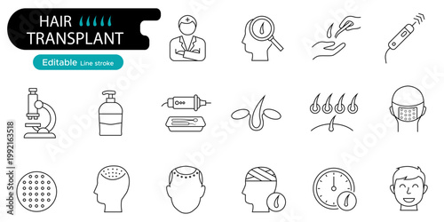 Hair transplant line icons set in outline style, hair loss treatment, baldness, follicle, clinic procedure icons set, editable stroke vector illustration