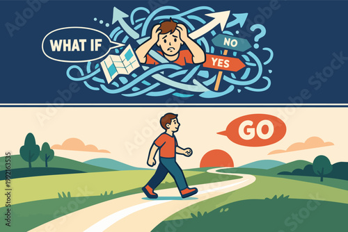 Man battling overthinking and confusion before finding clarity and starting a determined journey, moving forward