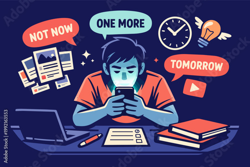 Person procrastinating with smartphone while avoiding tasks and work at night, delaying productivity