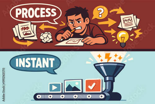 Comparing creative process versus instant automation, a person brainstorming ideas and an assembly line quickly producing media