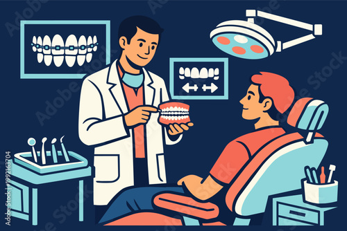 Dentist explaining dental care and braces treatment to patient using teeth model in clinic