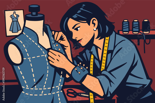 Fashion designer tailoring a dress on a mannequin, meticulously pinning fabric in a creative home studio or atelier