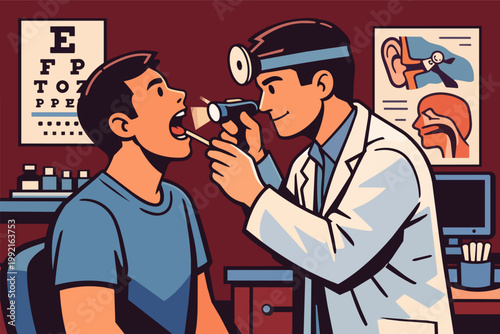 Doctor performing a throat exam on a patient, checking for illness and providing medical care during a checkup