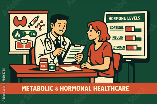 Doctor discussing hormone levels and metabolic health with patient, explaining thyroid function and hrt options