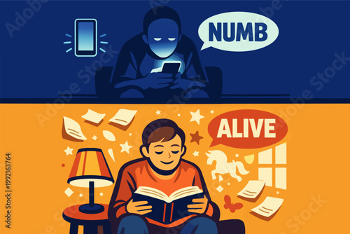 Contrasting a person feeling numb from smartphone usage with another experiencing vitality and imagination while reading a book
