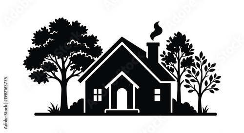Charming house with trees and a smoking chimney black silhouette