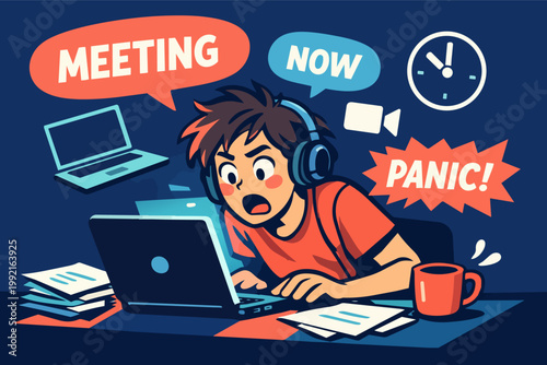 Person feeling overwhelmed and panicking during a sudden online video meeting, managing workload and deadlines