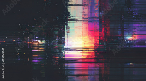 Abstract digital glitch art with vibrant neon colors and horizontal pixel distortion effects