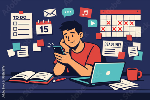 Student delaying tasks by using a mobile phone, ignoring a to-do list, calendar, and laptop for study or work