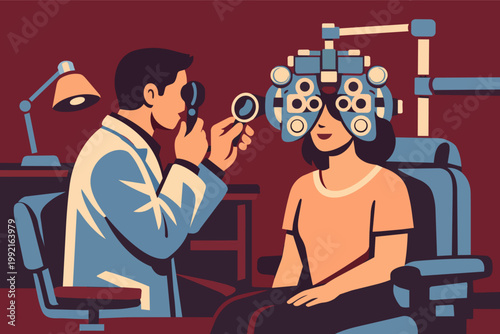 Optometrist conducting eye exam on patient using phoropter machine for vision checkup and eye health